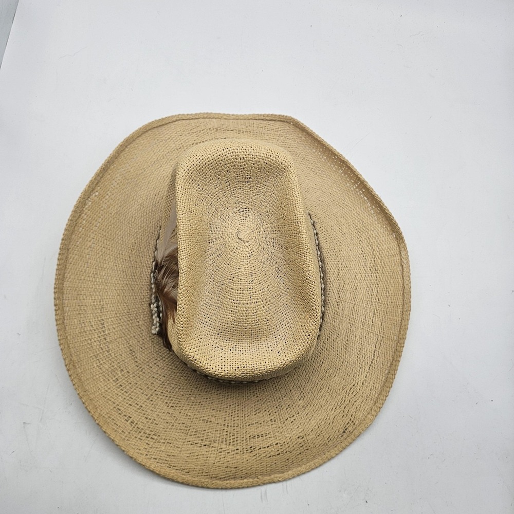 Resistol Stagecoach Hat Cowboy Fitted Mens 7 5/8 Beige Straw Feather Western - Picture 5 of 12